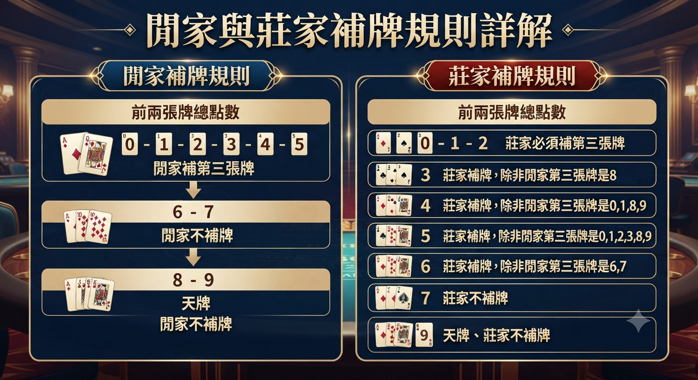 這是一張詳細解析區分閒家與莊家補牌規則的圖表。 圖中以清晰的表格與圖示展示了百家樂中雙方的要牌與停牌條件。