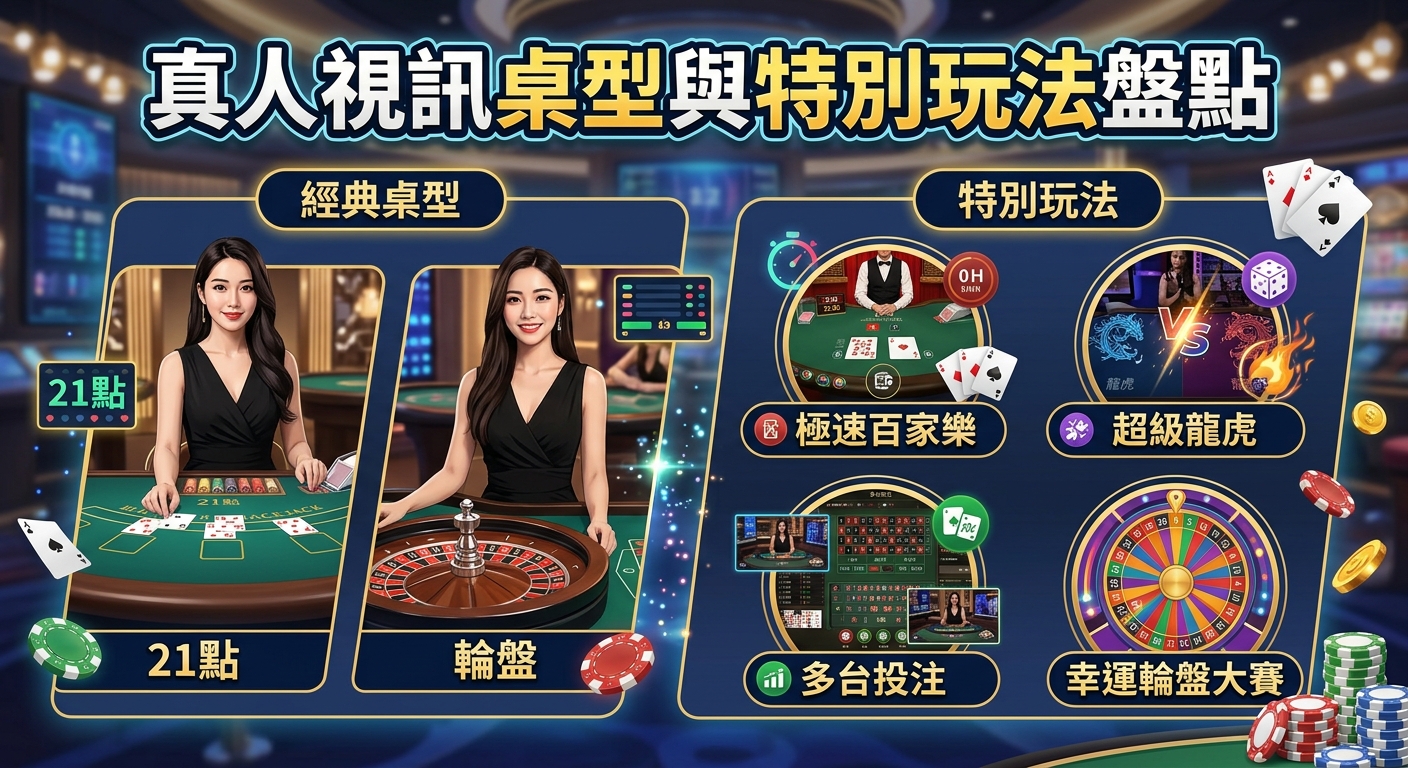 這張圖片以華麗的線上真人視訊賭場為背景,展現了各種經典與特別玩法的桌型介紹。 畫面中央醒目地標示著主題標題「真人視訊桌型與特別玩法盤點」,並搭配發牌員、撲克牌與籌碼等豐富元素。