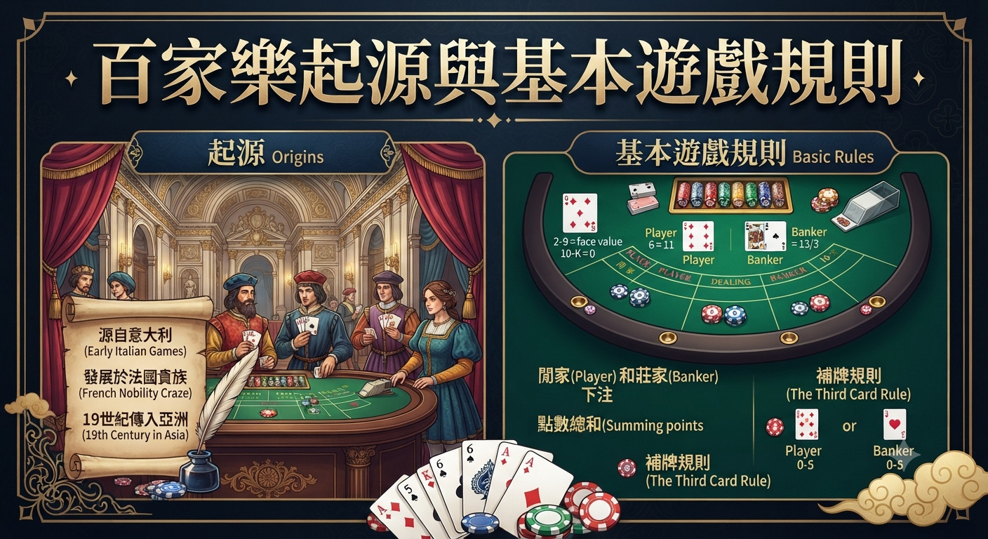 圖片上方標題為「百家樂起源與基本遊戲規則」，畫面分為左右兩側分別介紹其歷史由來與桌面玩法。