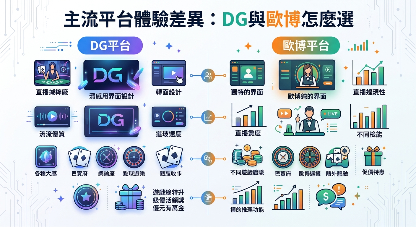 這張圖表比較了「DG平台」與「歐博平台」的體驗差異。 圖中透過豐富的圖示與數據指標,呈現兩者在介面設計、直播畫質及遊戲功能上的特色。